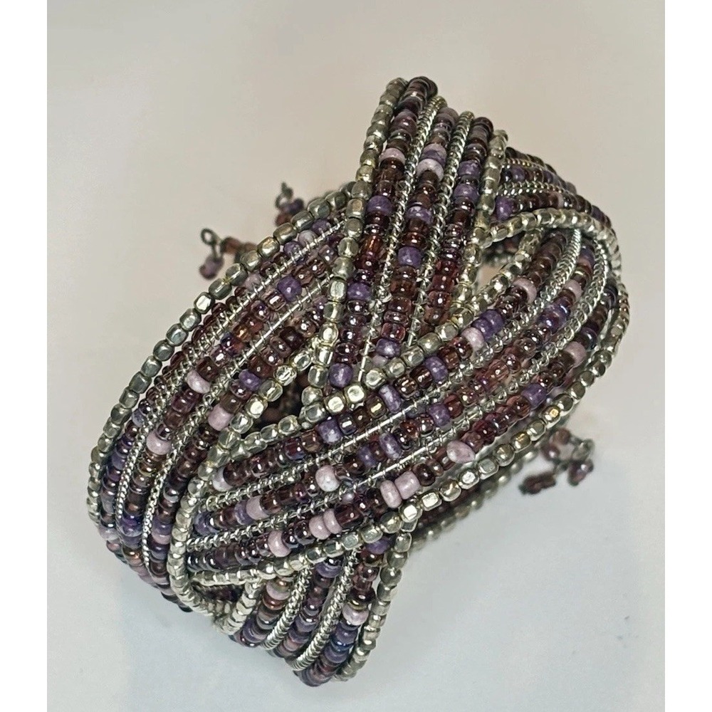 Purple Glass Bead Memory Wire Cuff Bracelet Silver Tone Wide Boho Statement